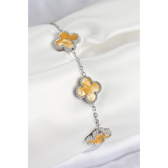 316L Çelik Sedefli Kehribar Sarı Gümüş Renk Yonca Kadın Bileklik - TJ-BB7676