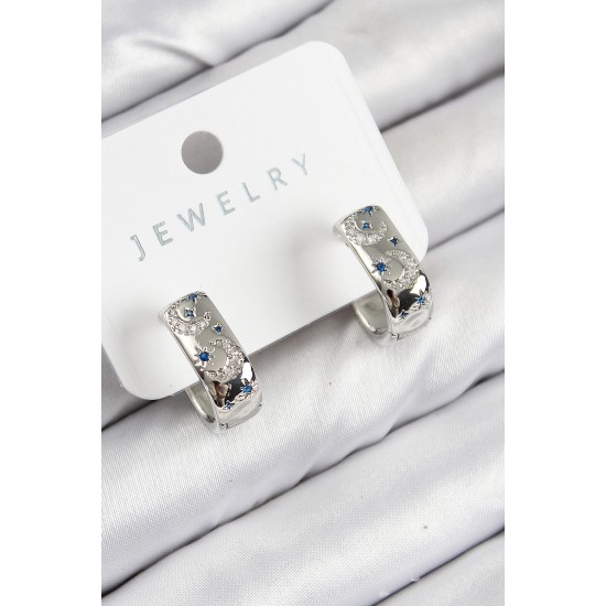 Pirinç Zirkon Taşlı Ay Desenli Model Gümüş Renk Kadın Küpe - TJ-BKP11063