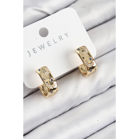 Pirinç Zirkon Taşlı Ay Desenli Model Gold Renk Kadın Küpe - TJ-BKP11064