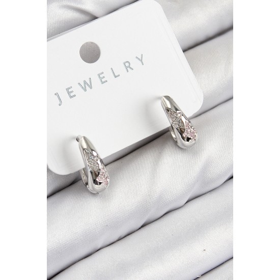 Pirinç Zirkon Taş Desenli Model Gümüş Renk Kadın Küpe - TJ-BKP11067