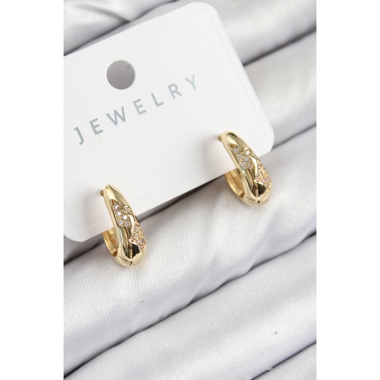 Pirinç Zirkon Taş Desenli Model Gold Renk Kadın Küpe - TJ-BKP11068