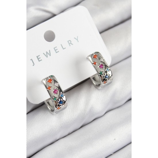 Pirinç Zirkon Taşlı Yıldız Desen Model Gümüş Renk Kadın Küpe - TJ-BKP11069