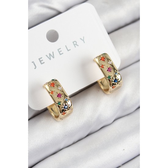 Pirinç Zirkon Taşlı Yıldız Desen Model Gold Renk Kadın Küpe - TJ-BKP11070