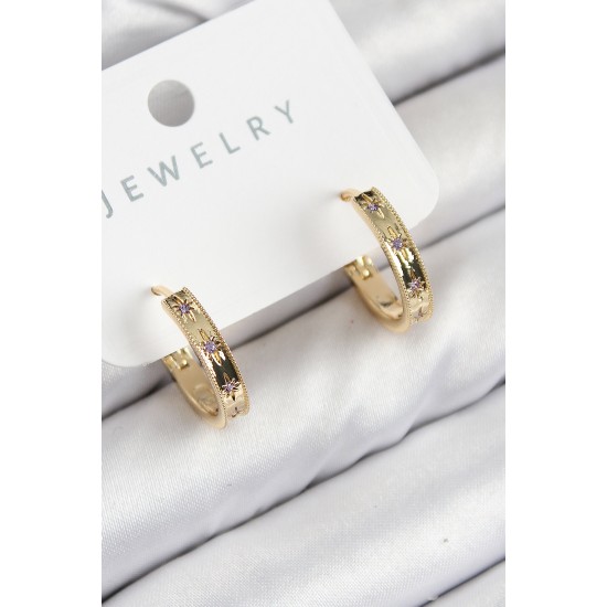 Pirinç Zirkon Taşlı Halka Model Gold Renk Kadın Küpe - TJ-BKP11072