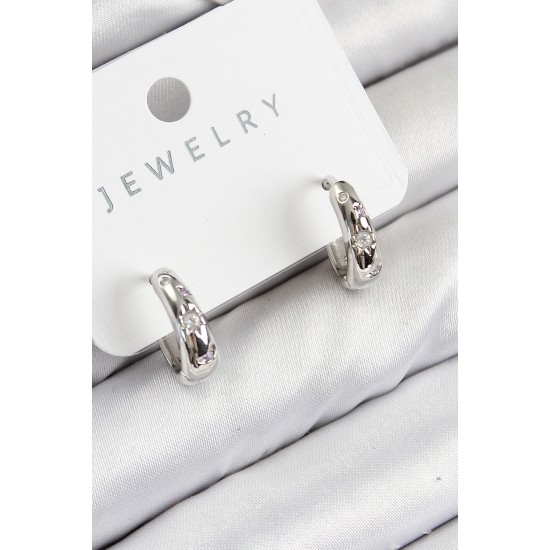 Pirinç Zirkon Taşlı Halka Model Gümüş Renk Kadın Küpe - TJ-BKP11076