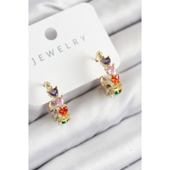 Pirinç Zirkon Taşlı Kalp Model Gold Renk Kadın Küpe - TJ-BKP11079