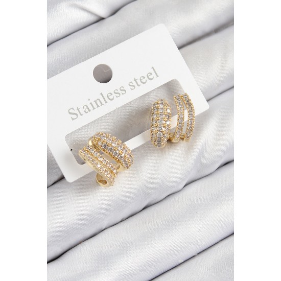 Pirinç Zirkon Taşlı Kıvrımlı Model Gold Renk Kadın Küpe - TJ-BKP11091