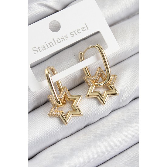 Pirinç Zirkon Taşlı Yıldız Model Gold Renk Kadın Küpe - TJ-BKP11099