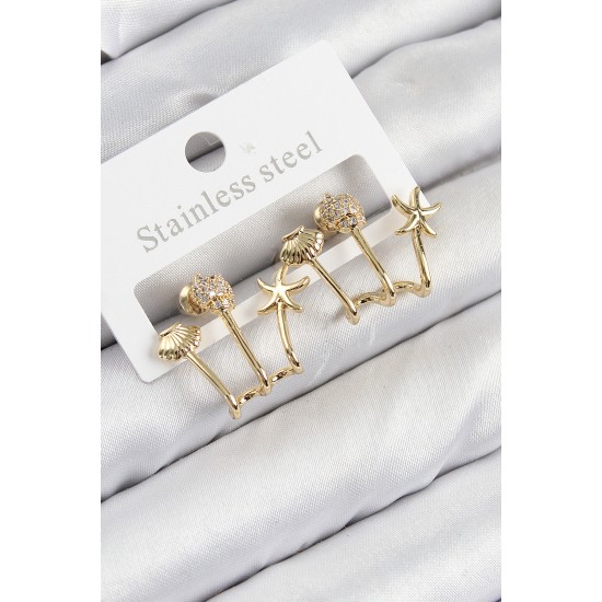 Pirinç Zirkon Taşlı Deniz Yıldızı ve İstiridye Model Gold Renk Kadın Küpe - TJ-BKP11103