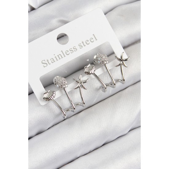 Pirinç Zirkon Taşlı Deniz Yıldızı ve İstiridye Model Gümüş Renk Kadın Küpe - TJ-BKP11104