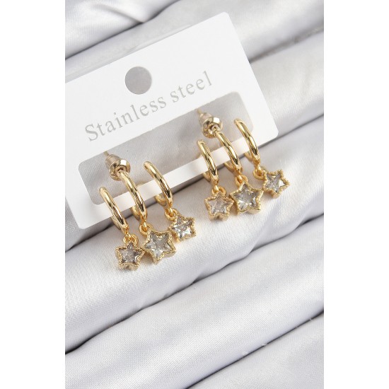 Pirinç Zirkon Taşlı Sallantılı Yıldız Model Gold Renk Kadın Küpe - TJ-BKP11105