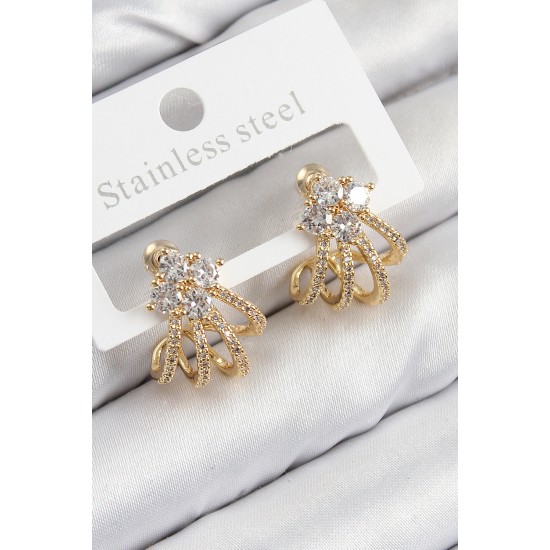Pirinç Zirkon Taşlı Model Gold Renk Kadın Küpe - TJ-BKP11106