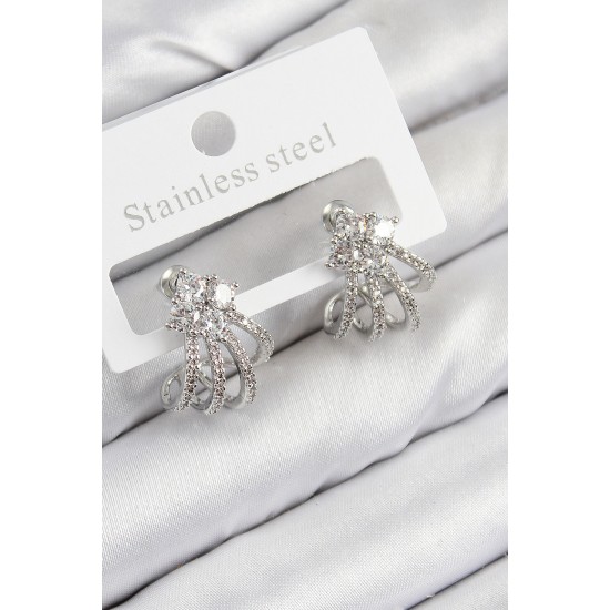 Pirinç Zirkon Taşlı Model Gümüş Renk Kadın Küpe - TJ-BKP11107