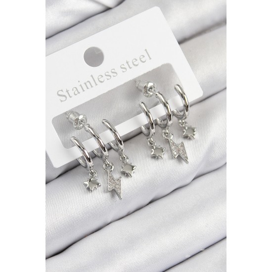 Pirinç Zirkon Taşlı Şimşek Model Gümüş Renk Kadın Küpe - TJ-BKP11109