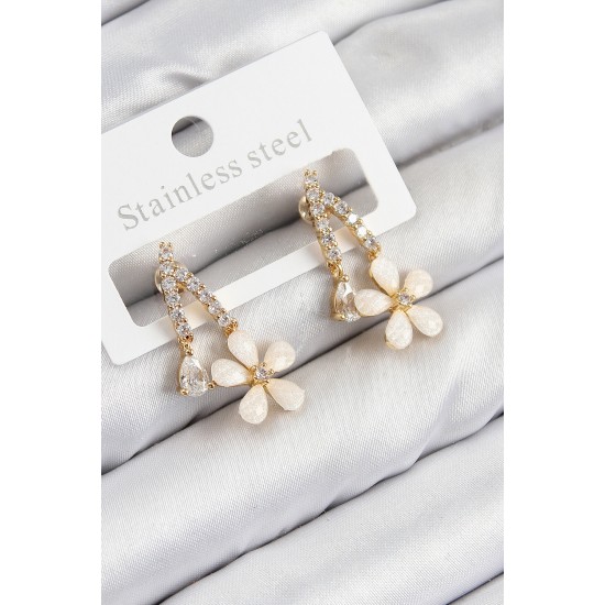 Pirinç Zirkon Taşlı Papatya Model Gold Renk Kadın Küpe - TJ-BKP11110