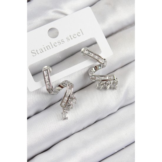 Pirinç Zirkon Taşlı Kıvrımlı Model Gümüş Renk Kadın Küpe - TJ-BKP11113