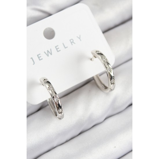 Pirinç Zirkon Taşlı Halka Model Gümüş Renk Kadın Küpe - TJ-BKP11073