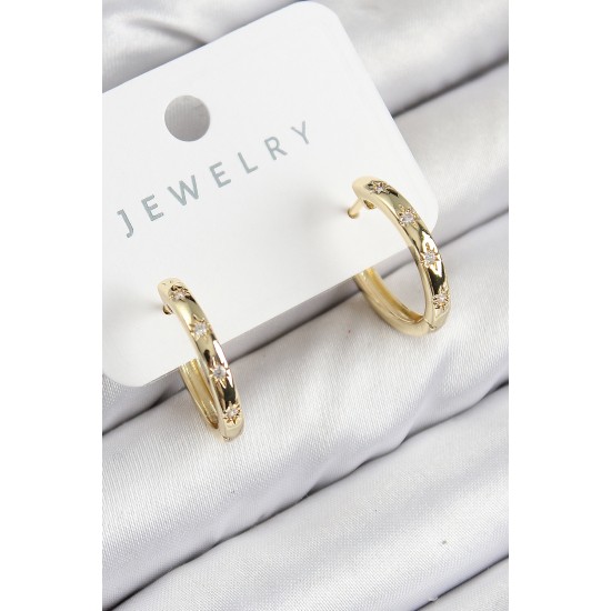 Pirinç Zirkon Taşlı Halka Model Gold Renk Kadın Küpe - TJ-BKP11074