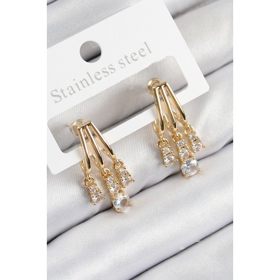 Pirinç Zirkon Taşlı Sallantılı Model Gold Renk Kadın Küpe - TJ-BKP11114