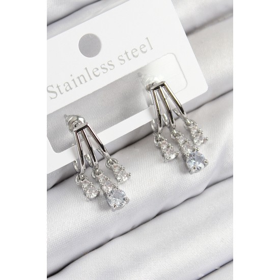 Pirinç Zirkon Taşlı Sallantılı Model Gümüş Renk Kadın Küpe - TJ-BKP11115