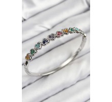 Pirinç Renkli Zirkon Taşlı Sıralı Kalp Model Gümüş Renk Kadın Kelepçe - TJ-BB7677