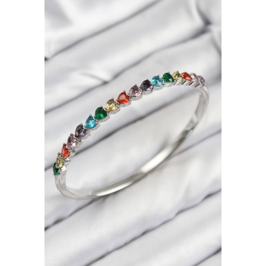 Pirinç Renkli Zirkon Taşlı Kalp Model Gümüş Renk Kadın Kelepçe - TJ-BB7679