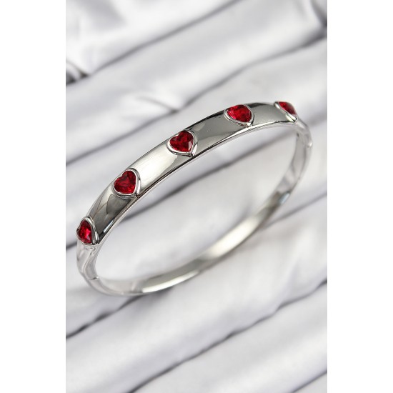 Pirinç Zirkon Taşlı Kırmızı Kalp Model Gümüş Renk Kadın Kelepçe - TJ-BB7680