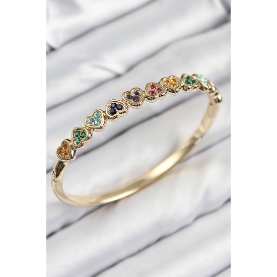 Pirinç Renkli Zirkon Taşlı Sıralı Kalp Model Gold Renk Kadın Kelepçe - TJ-BB7681