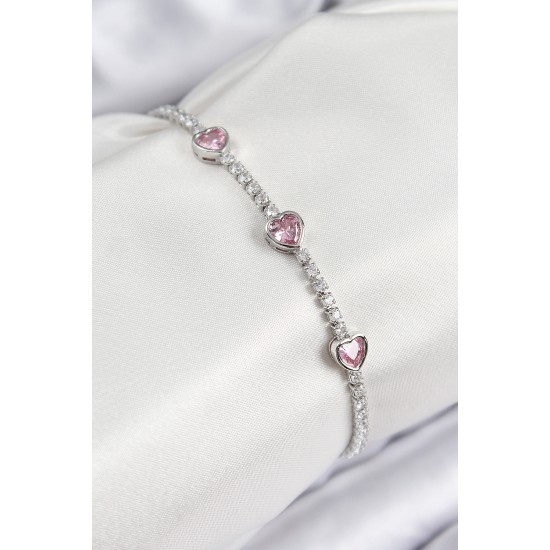 Pirinç Zirkon Taşlı Pembe Kalp Model Gümüş Renk Kadın Bileklik - TJ-BB7686