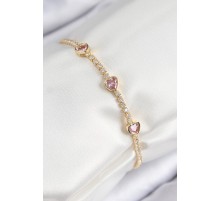 Pirinç Zirkon Taşlı Pembe Kalp Model Gold Renk Kadın Bileklik - TJ-BB7687