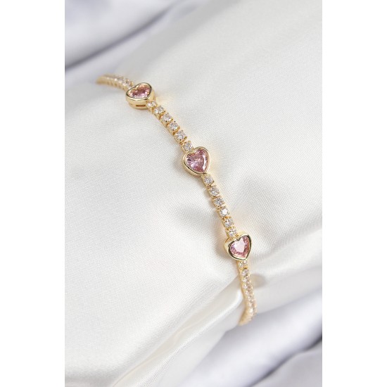 Pirinç Zirkon Taşlı Pembe Kalp Model Gold Renk Kadın Bileklik - TJ-BB7687
