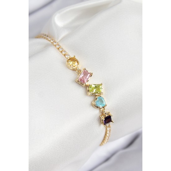 Pirinç Renkli Zirkon Taşlı Geometrik Model Gold Renk Kadın Bileklik - TJ-BB7689