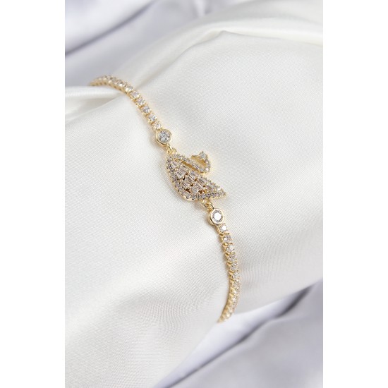 Pirinç Zirkon Taşlı Kuğu Model Gold Renk Kadın Bileklik - TJ-BB7691