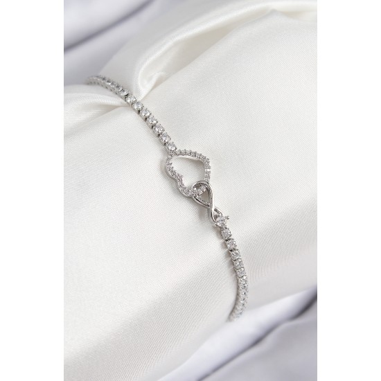 Pirinç Zirkon Taşlı Sonsuzluk Kalp Model Gümüş Renk Kadın Bileklik - TJ-BB7692