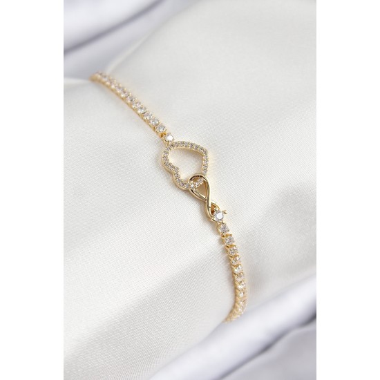 Pirinç Zirkon Taşlı Sonsuzluk Kalp Model Gold Renk Kadın Bileklik - TJ-BB7693