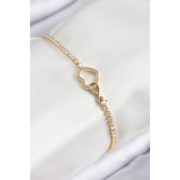 Pirinç Zirkon Taşlı Sonsuzluk Kalp Model Gold Renk Kadın Bileklik - TJ-BB7693