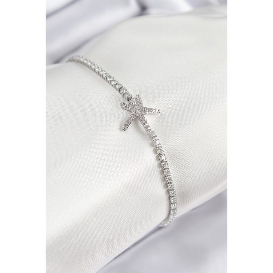 Pirinç Zirkon Taşlı Deniz Yıldızı Model Gümüş Renk Kadın Bileklik - TJ-BB7694