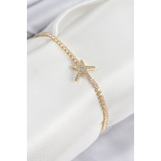Pirinç Zirkon Taşlı Deniz Yıldızı Model Gold Renk Kadın Bileklik - TJ-BB7695