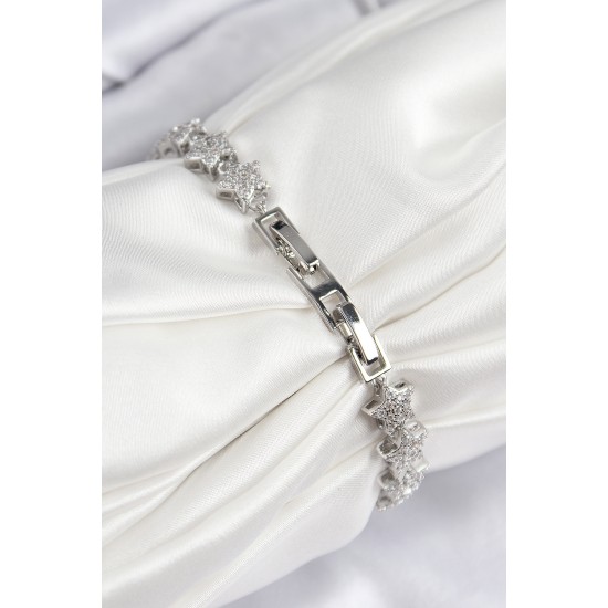 VIP Seri Pirinç Zirkon Taşlı Sıralı Yıldız Model Gümüş Renk Kadın Bileklik - TJ-BB7696