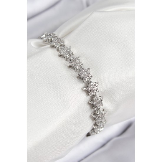 VIP Seri Pirinç Zirkon Taşlı Sıralı Yıldız Model Gümüş Renk Kadın Bileklik - TJ-BB7696