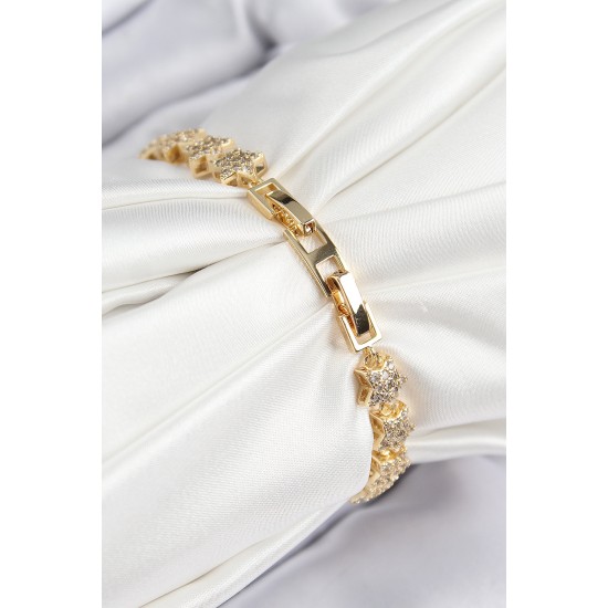 VIP Seri Pirinç Zirkon Taşlı Sıralı Yıldız Model Gold Renk Kadın Bileklik - TJ-BB7697