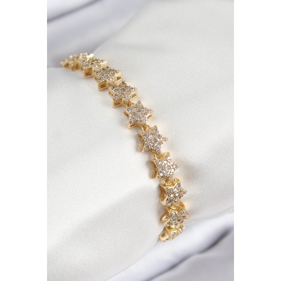 VIP Seri Pirinç Zirkon Taşlı Sıralı Yıldız Model Gold Renk Kadın Bileklik - TJ-BB7697