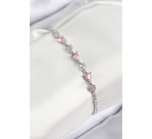 Pirinç Zirkon Taşlı Pembe Kalp Model Gümüş Renk Kadın Bileklik - TJ-BB7698