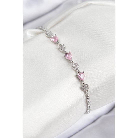 Pirinç Zirkon Taşlı Pembe Kalp Model Gümüş Renk Kadın Bileklik - TJ-BB7698