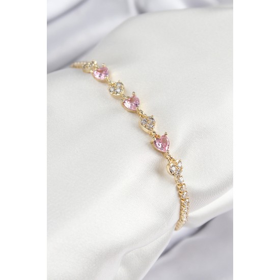 Pirinç Zirkon Taşlı Pembe Kalp Model Gold Renk Kadın Bileklik - TJ-BB7699