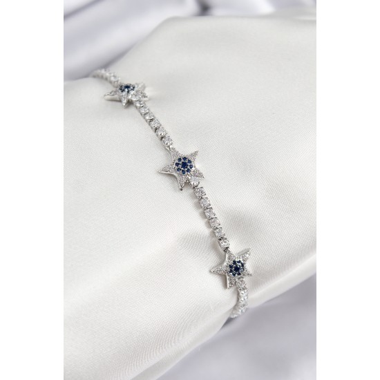 Pirinç Zirkon Taşlı Yıldız Model Gümüş Renk Kadın Bileklik - TJ-BB7700
