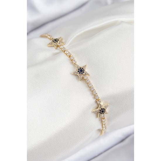 Pirinç Zirkon Taşlı Yıldız Model Gold Renk Kadın Bileklik - TJ-BB7701