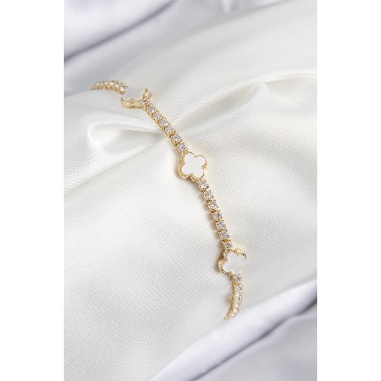 Pirinç Zirkon Taşlı Yonca Model Gold Renk Kadın Bileklik - TJ-BB7703