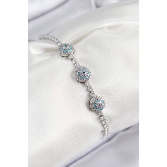 Pirinç Zirkon Taşlı Nazar Model Gümüş Renk Kadın Bileklik - TJ-BB7704