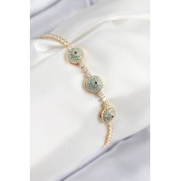 Pirinç Zirkon Taşlı Nazar Model Gold Renk Kadın Bileklik TJ-BB7705